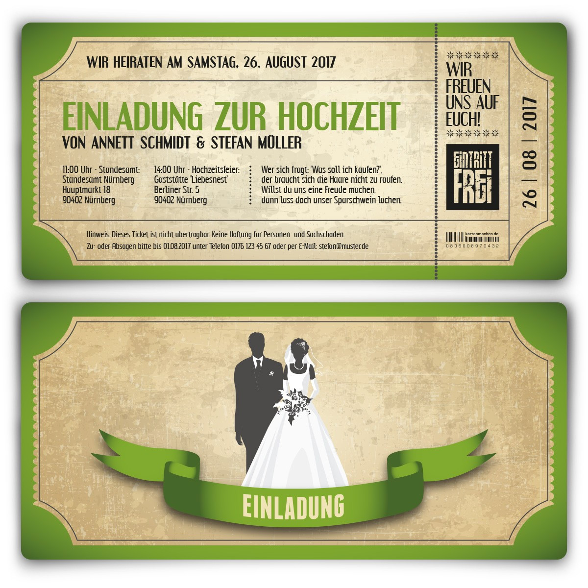 Hochzeitskarten Vintage
 Einladungskarten zur Hochzeit als Vintage Ticket in Grün