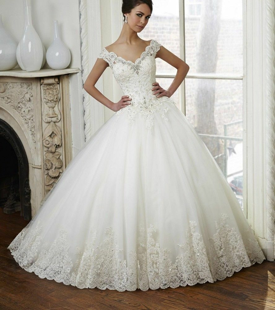Hochzeitskleid Prinzessin Style
 V Ausschnitt Weiß Elfenbein Spitze A Linie Hochzeitskleid
