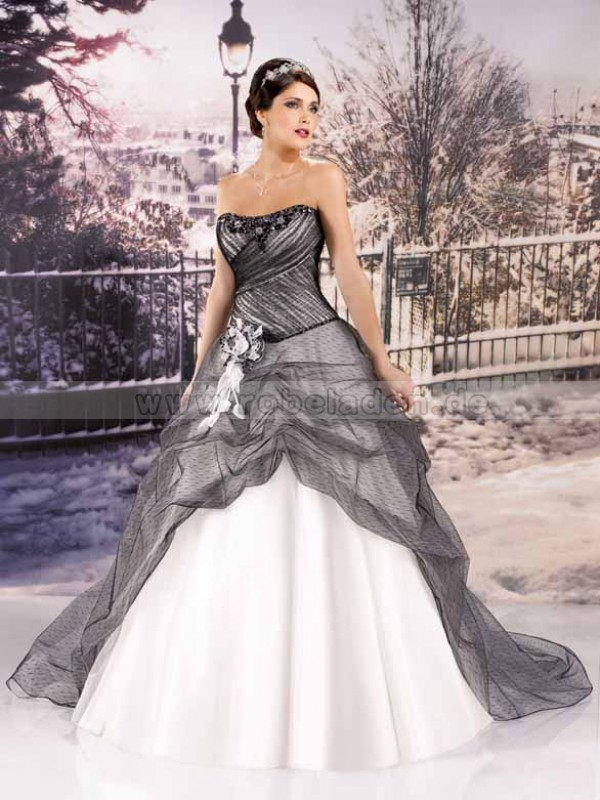 Hochzeitskleid Schwarz Weiß
 Modern Brautkleider A Linie Tüll Lang Schwarz Weiß Kapelle