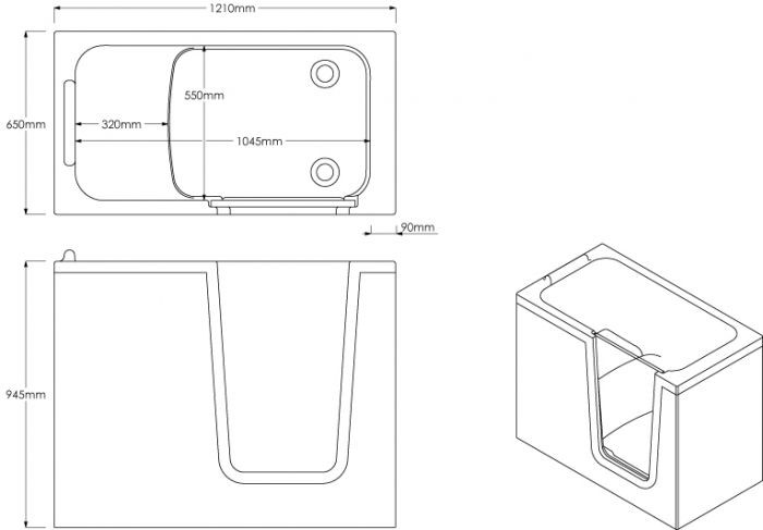 Höhe Badewanne
 SENIOREN BADEWANNE 120x70 Badewanne mit Einstieg