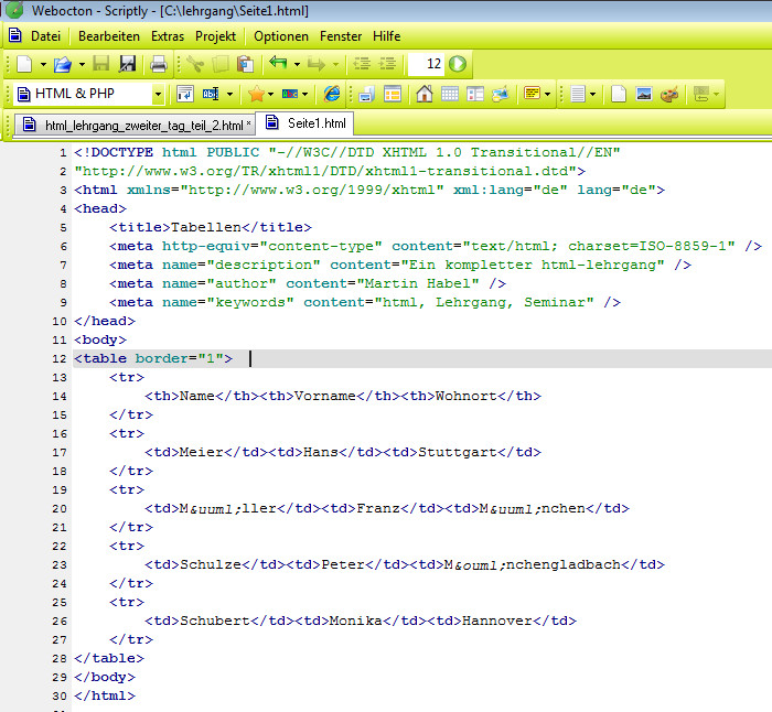 Html Tabellen
 Lehrgang zweiter Tag Teil 2