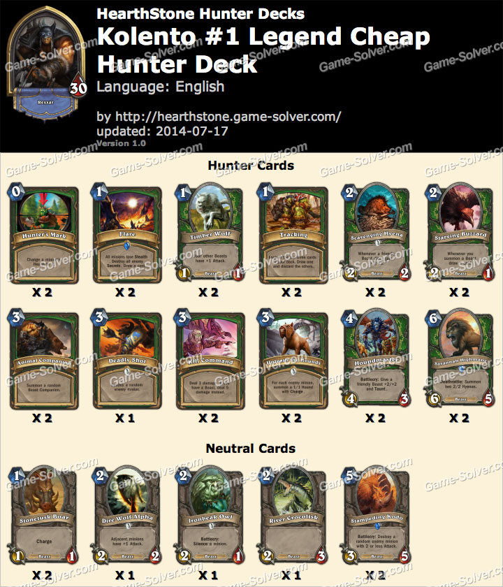 Hunter Deck
 Kolento 1 Legend Cheap Hunter Deck