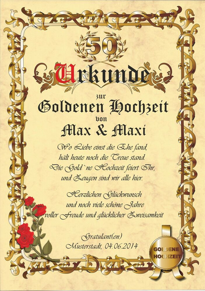 Jubiläum Hochzeit
 Urkunde Goldene Hochzeit Karte Jubiläum Gratulation C672