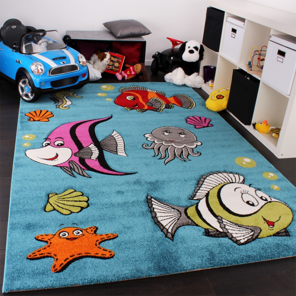 Kinder Teppich
 Kinderteppich Clown Fisch Unterwasserwelt Design Türkis