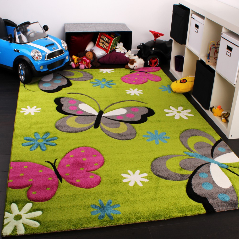 Kinderzimmer Teppich
 Kinder Teppich Schmetterling Design Grün Creme Rot Pink
