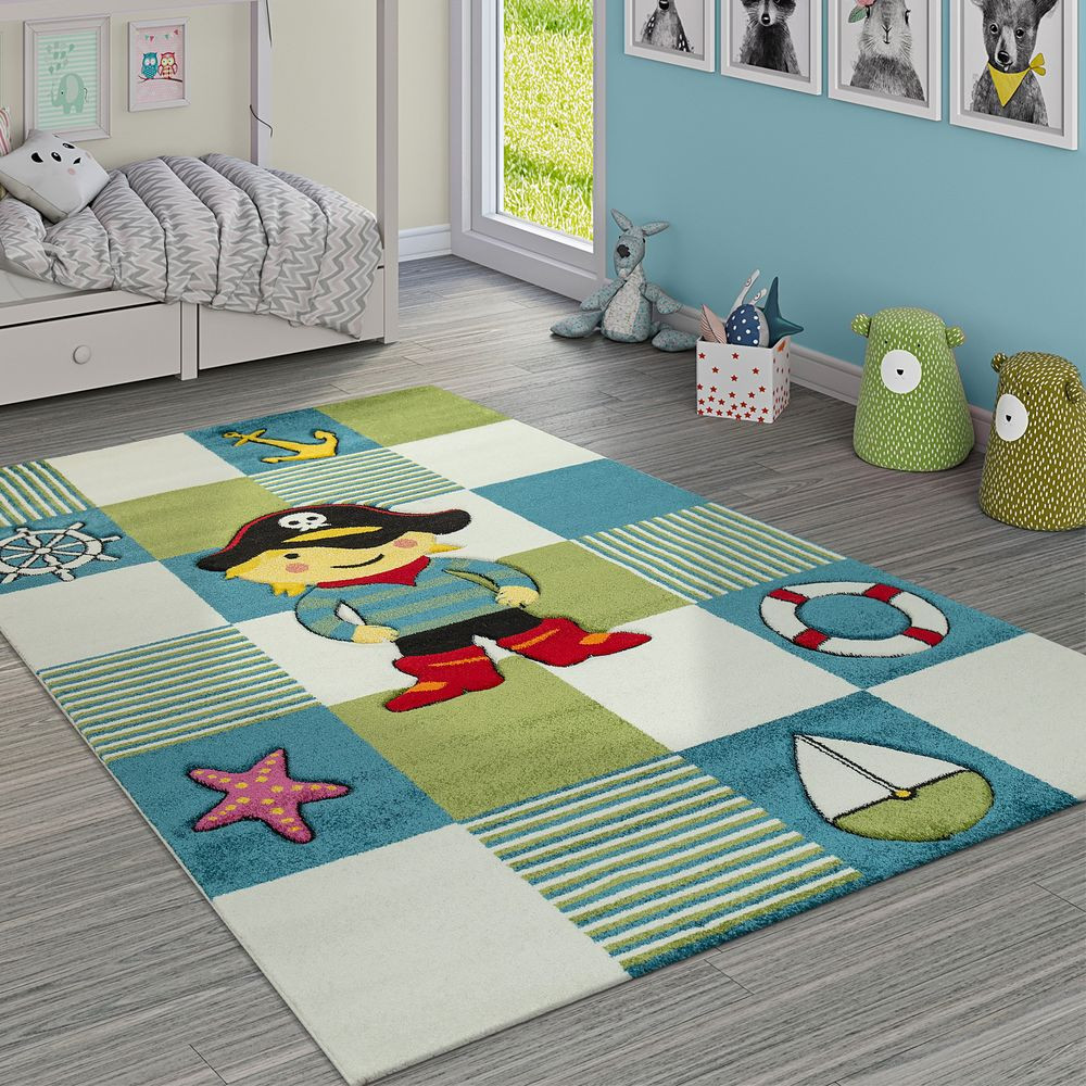 Kinderzimmer Teppich
 Kinderteppich Piraten Look Kariert Blau Grün Kinder Teppiche