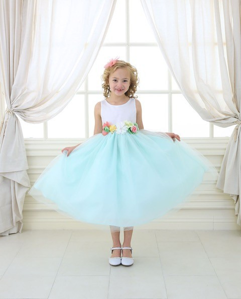 Kleid Mintgrün Hochzeit
 BIMARO Mädchen Kleid Tamia mintgrün grün weiß Blüten Satin