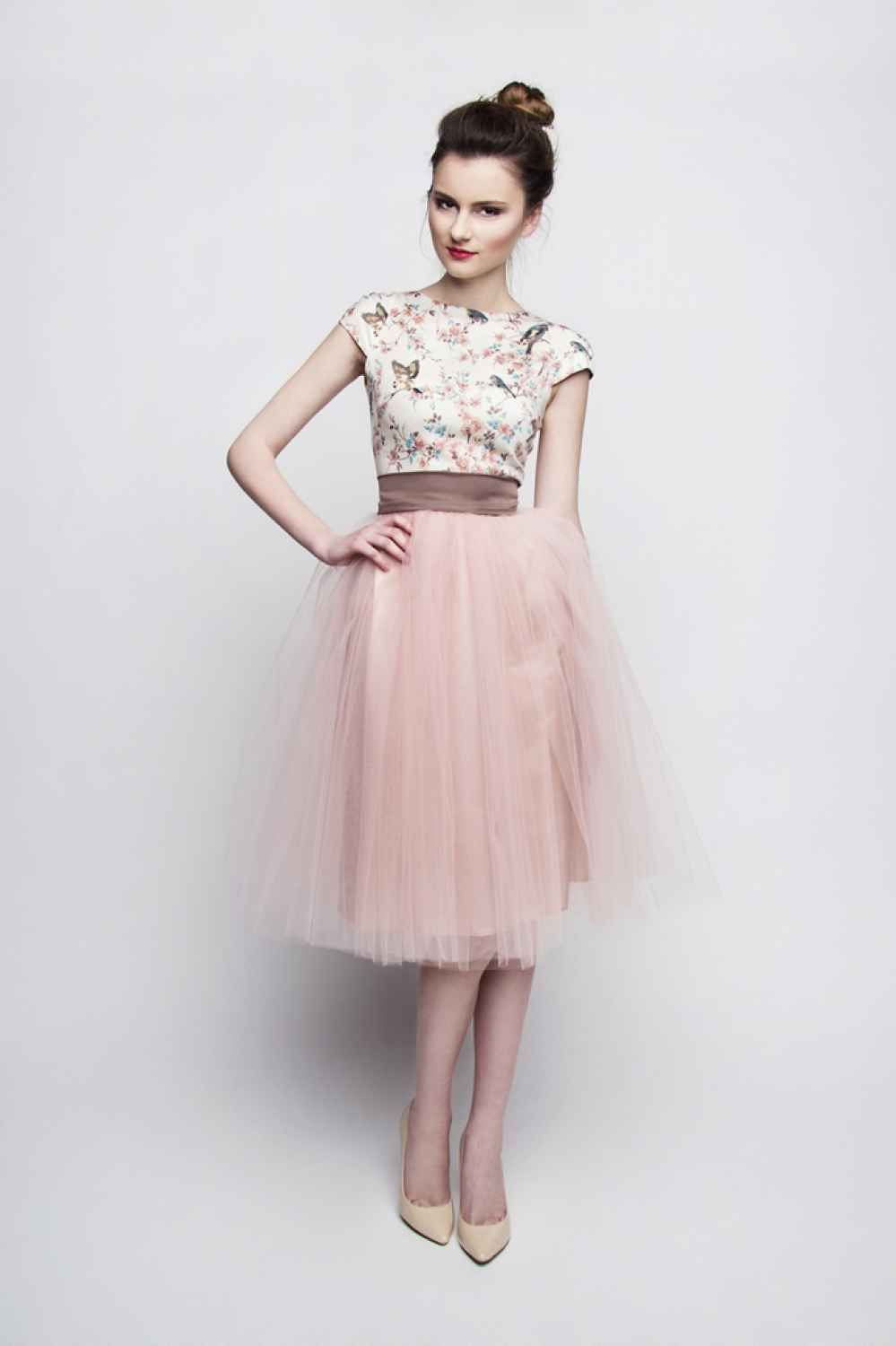 Kleid Vintage Hochzeit
 Standesamt Kleid rosa braun kurz mit Tüllrock individuelle
