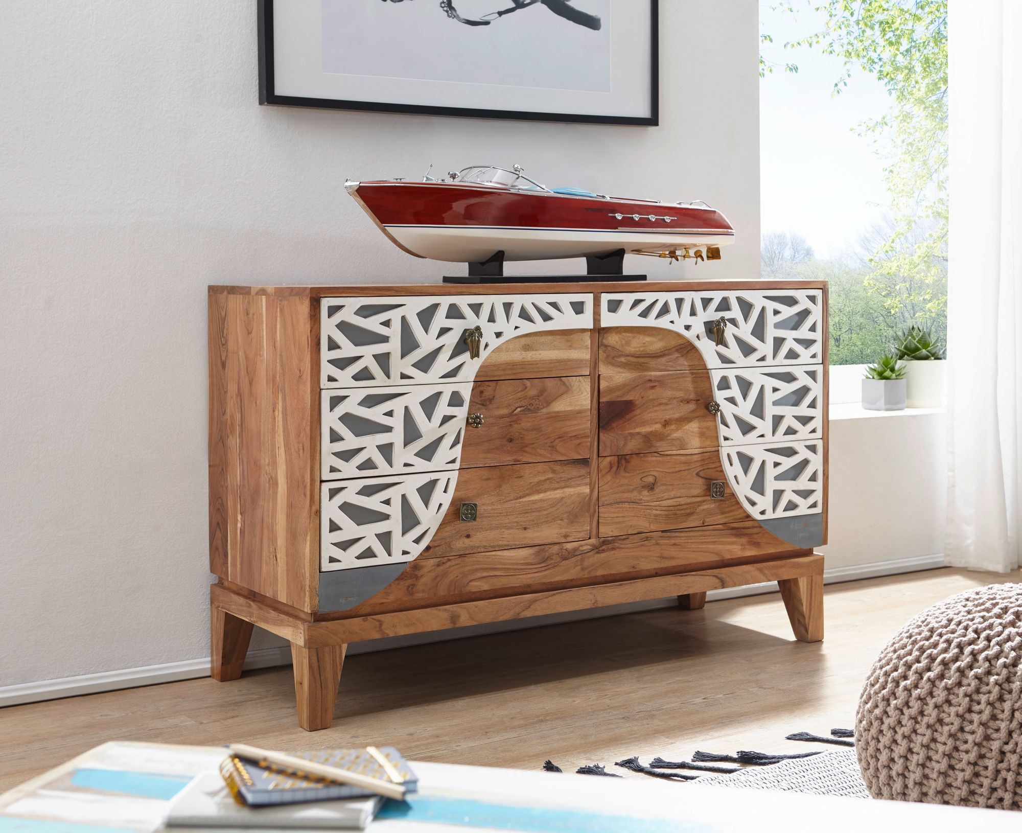 Kleiner Schrank Mit Schubladen
 FineBuy Sideboard ANJA 115x75x45 cm Akazie Massivholz