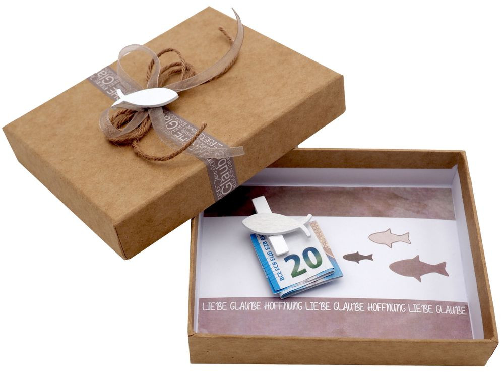 Kommunion Geschenke Von Paten
 Geldgeschenk Geldverpackung Fisch Natur Taupe Kommunion