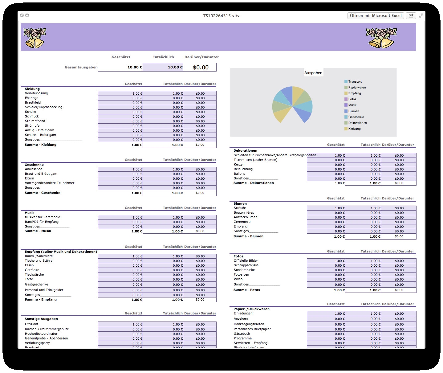 Kostenplan Hochzeit
 Hochzeitsbud mit Excel planen