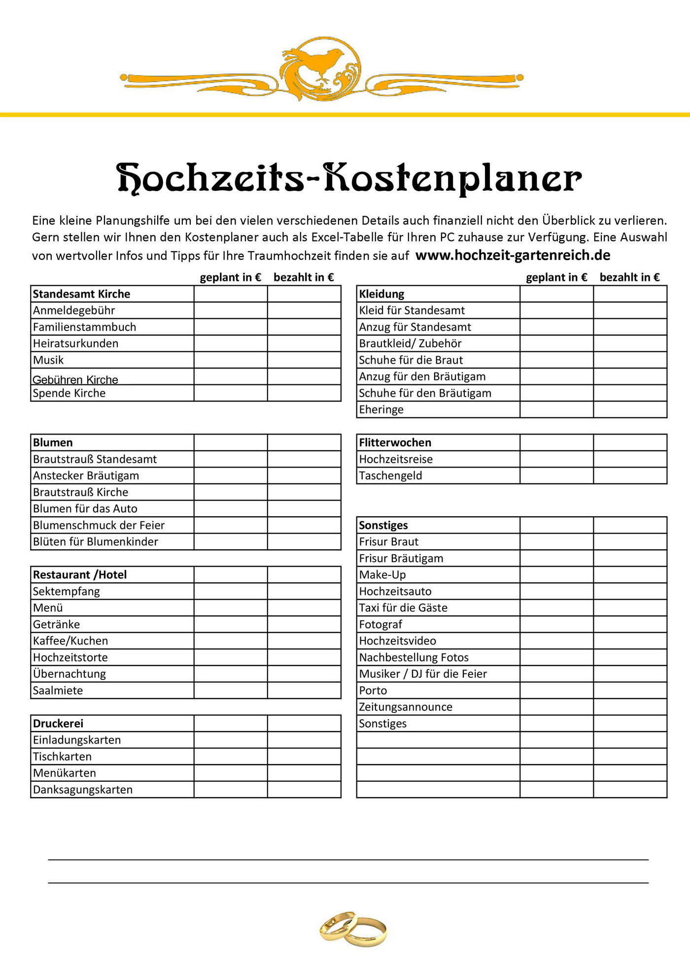 Kostenplan Hochzeit
 Kostenplaner – Heiraten im Gartenreich