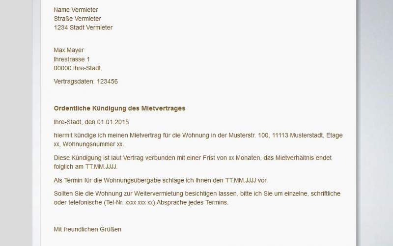 Kündigung Wohnung
 kündigung mietvertrag musterbrief