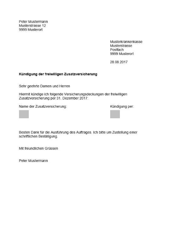 Kündigung Wohnung Muster
 Zusatzversicherung kündigen Vorlage