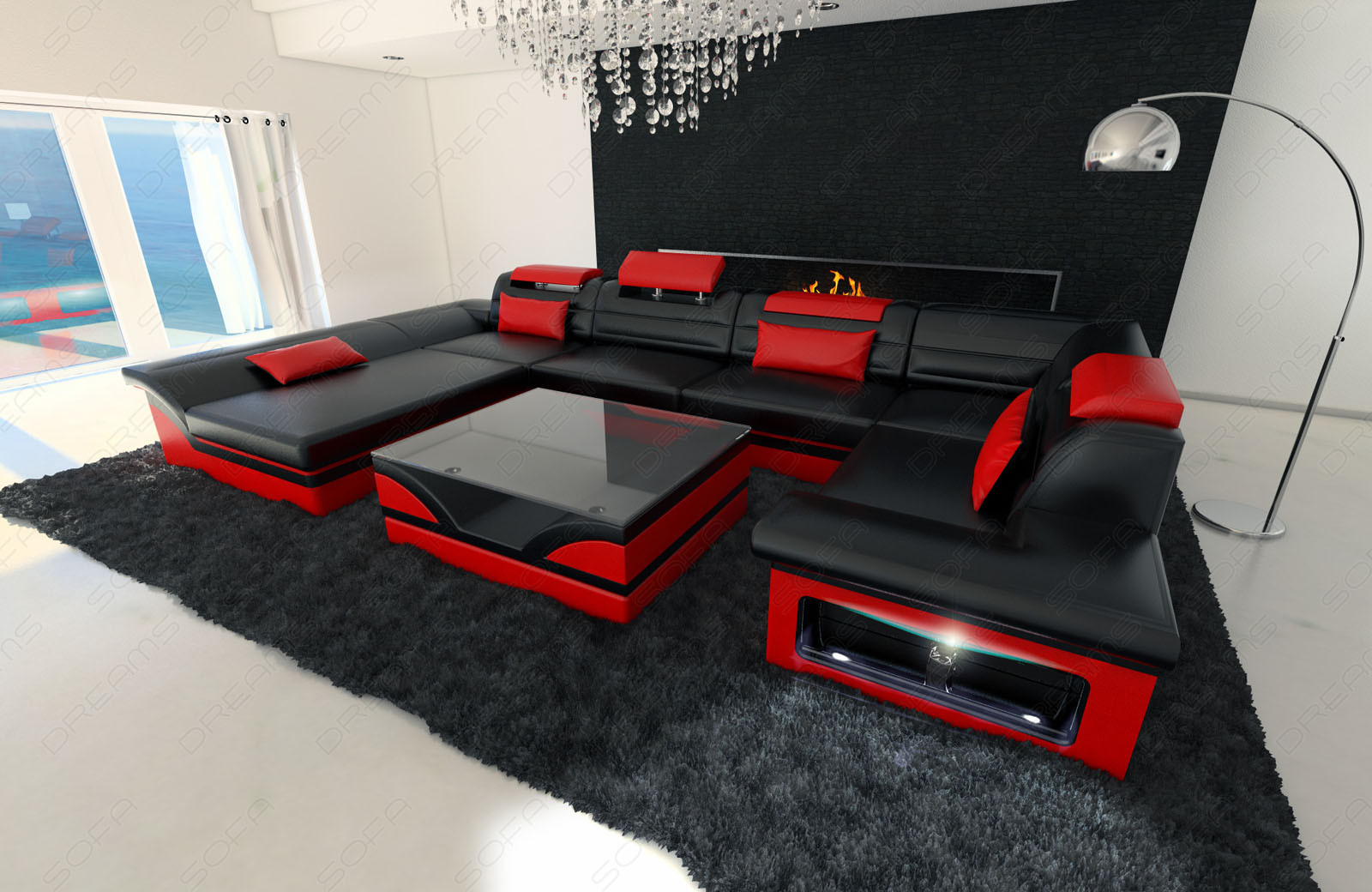 Led Sofa
 Big Leather Sofa ENZO with LED Lights black red