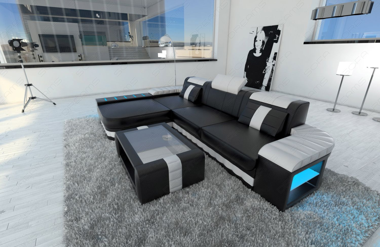 Led Sofa
 Modern Sofa BELLAGIO LED L Shaped black white