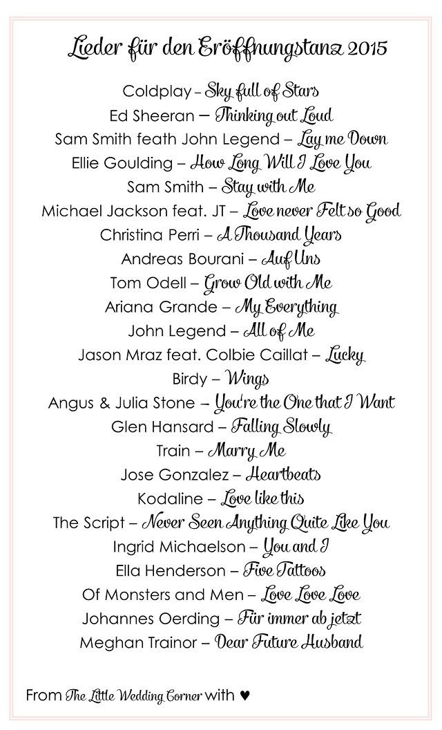 Lieder Hochzeit Party
 Die schönsten Hochzeitslieder für den Eröffnungstanz 2015
