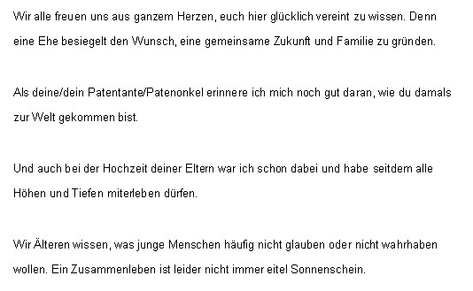 Lustige Rede Zur Hochzeit Der Tochter
 Hochzeitsrede Patentante Patenonkel der Braut spricht