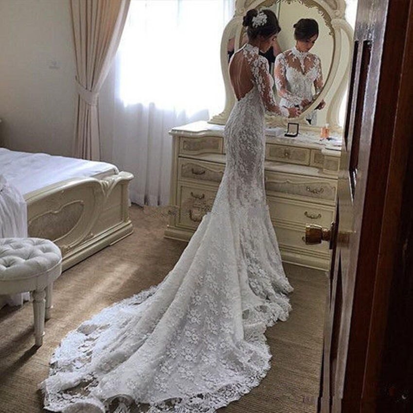 Meerjungfrau Hochzeitskleid
 y Rückenfrei Weiß Spitze Meerjungfrau Brautkleid