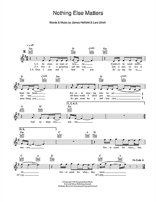 Metallica Nothing Else Matters Tabs
 Nothing Else Matters chords by Metallica Melody Line