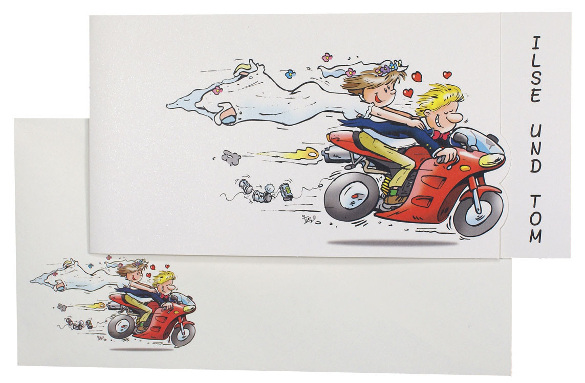 Motorrad Hochzeit
 ic Hochzeitskarte mit Brautpaar und Motorrad Kleeblatt