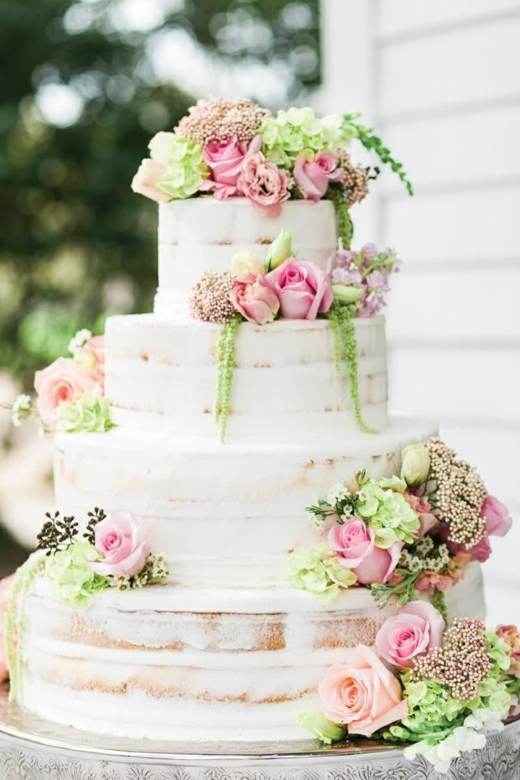 Naked Hochzeitstorte
 hochzeitstorte ohne fondant weiß creme sahne rosen rosa