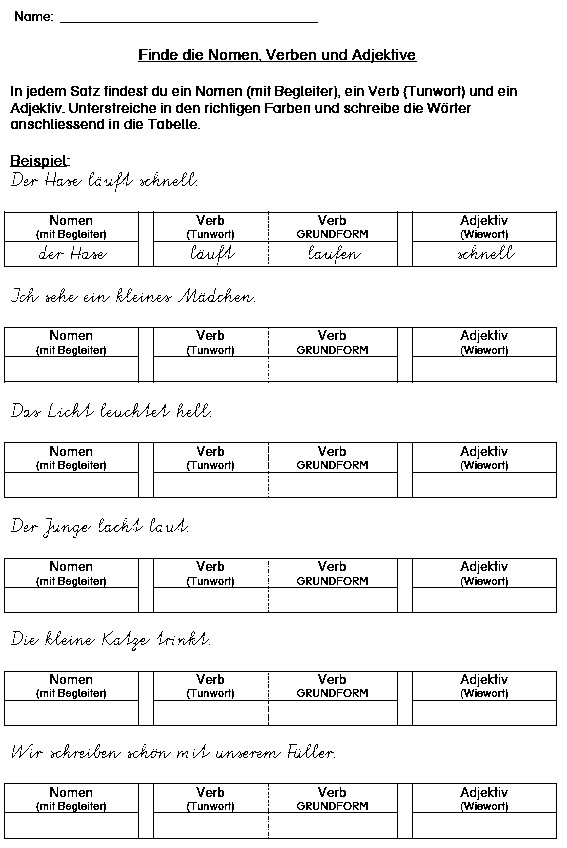 Nomen Verben Adjektive Tabelle
 Schulmaterial Arbeitsblätter für Unterstufe