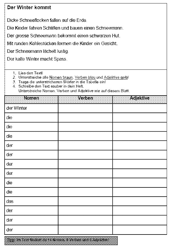 Nomen Verben Adjektive Tabelle
 Schulmaterial Arbeitsblätter für Unterstufe