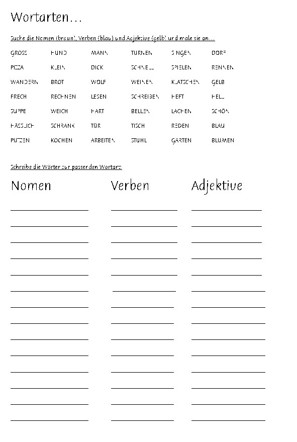 Nomen Verben Adjektive Tabelle
 Schulmaterial Arbeitsblätter für Unterstufe