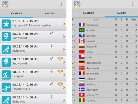 Olympia Tabelle
 Sotschi 2014 Gratis Android & iOS Apps für