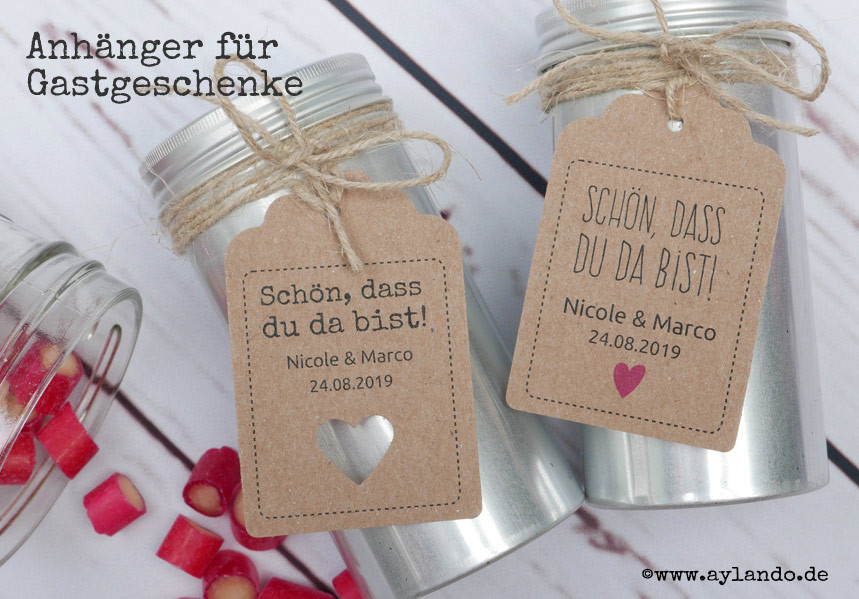 Personalisierte Gastgeschenke Hochzeit
 Personalisierte Geschenkanhänger zur Hochzeit oder Kommunion