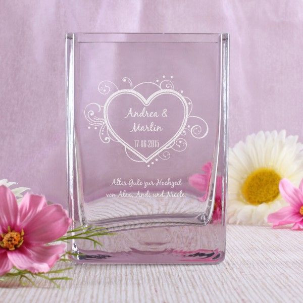 Persönliche Geschenke Zur Hochzeit
 gravierte Vase mit Herz Namen Datum und Wunschtext