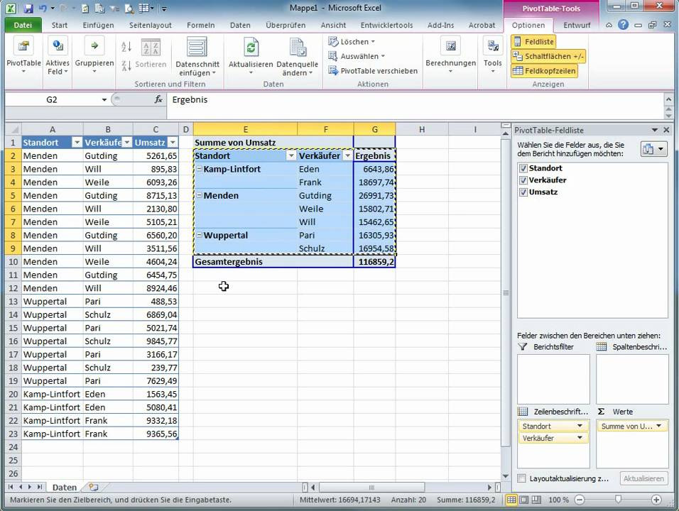 Pivot Tabelle
 Pivot Tabellen mit Excel 2010 Teil 06 Pivot Tabelle in