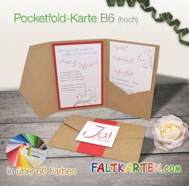 Pocketfold Hochzeit
 Pocketfold Karte B6 Einladung Hochzeit große Farbwahl