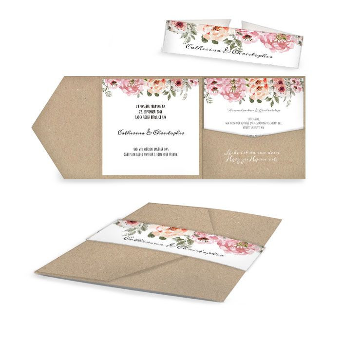 Pocketfold Hochzeit
 Pocket Fold Hochzeitseinladung mit Blüten im Aquarellstil