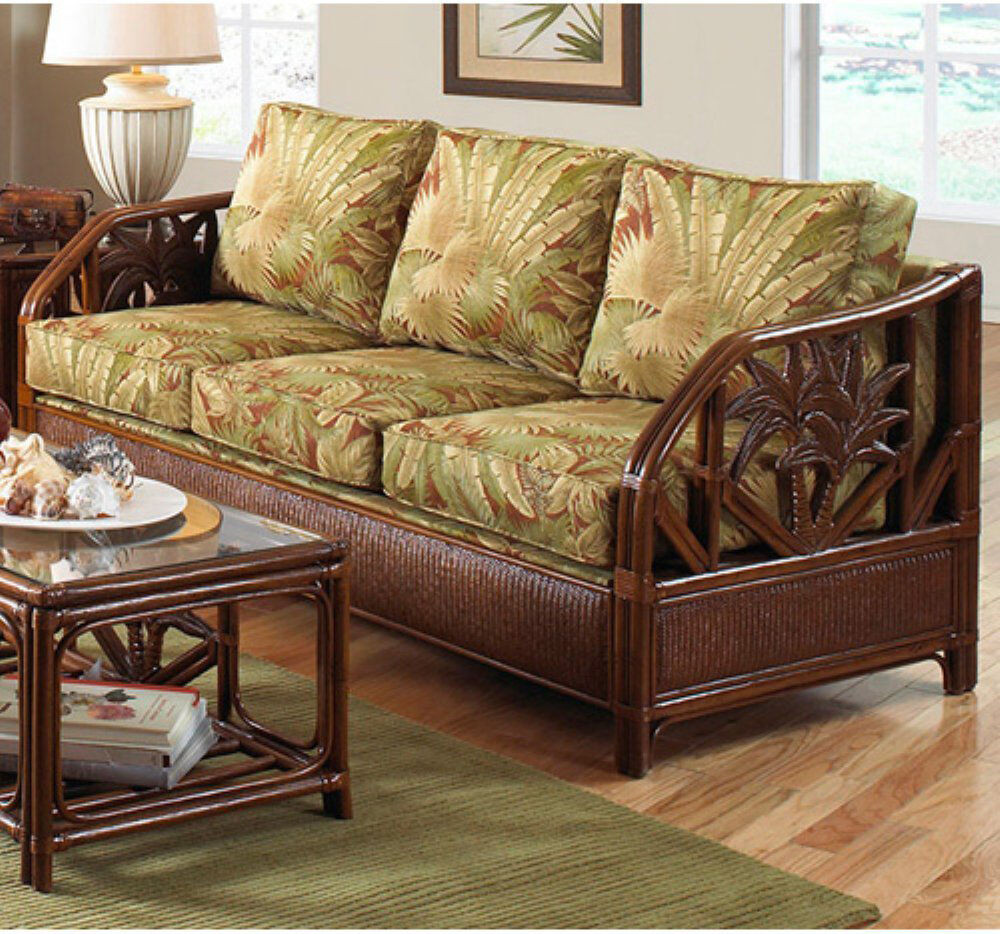 Rattan Couch
 Cancun Palm Tropical Indoor Natural Rattan and Wicker Sofa
