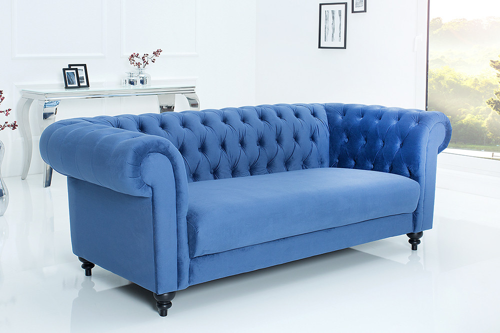 Riess Ambiente Sofa
 Design Sofa CHESTERFIELD 200cm blau mit Ziersteppung Samt