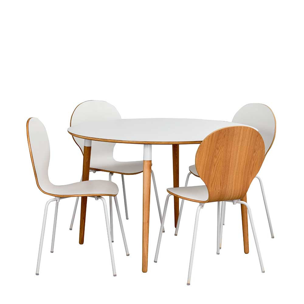 Runder Esstisch Weiß
 Runder Esstisch mit Stühlen Nandora in Weiß und