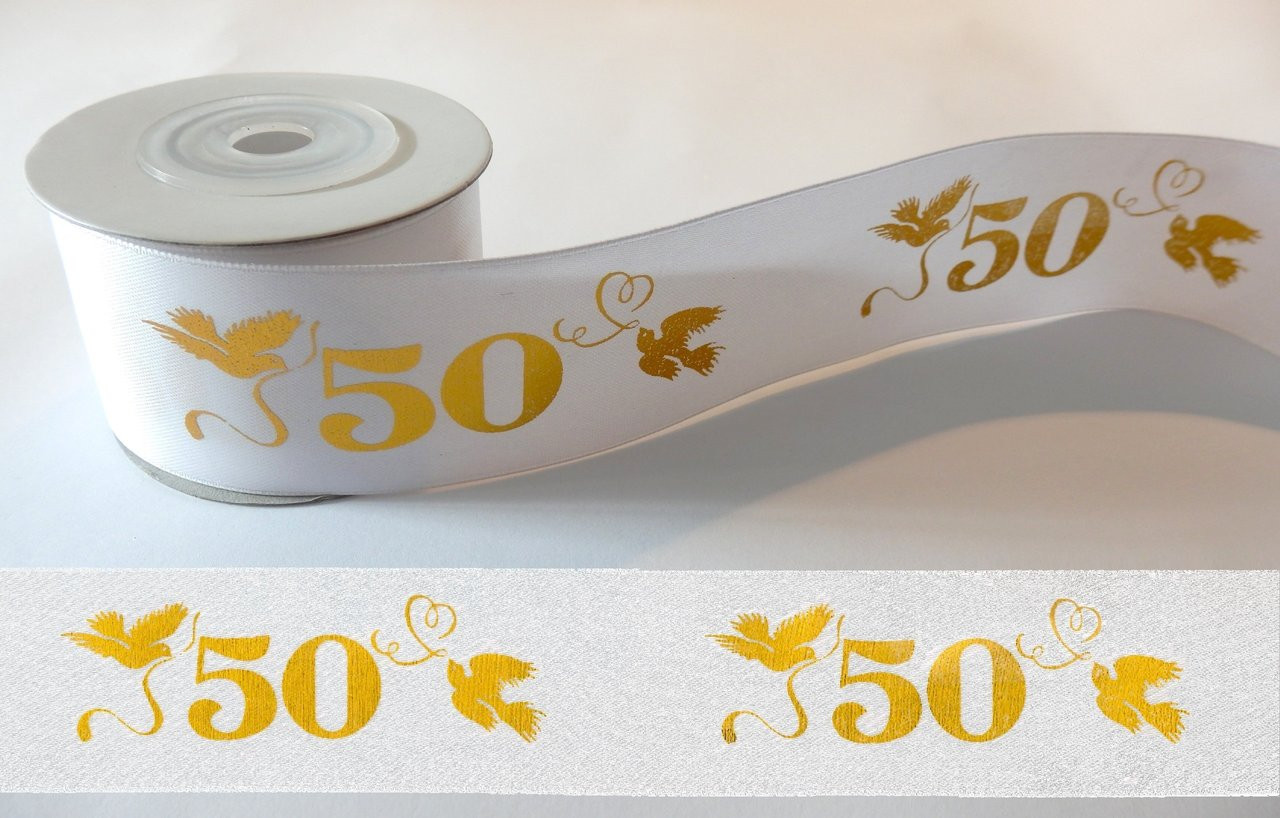 Schleifenband Hochzeit
 10m Schleifenband Geschenkband Deko Band "50" 4cm Weiß Gold