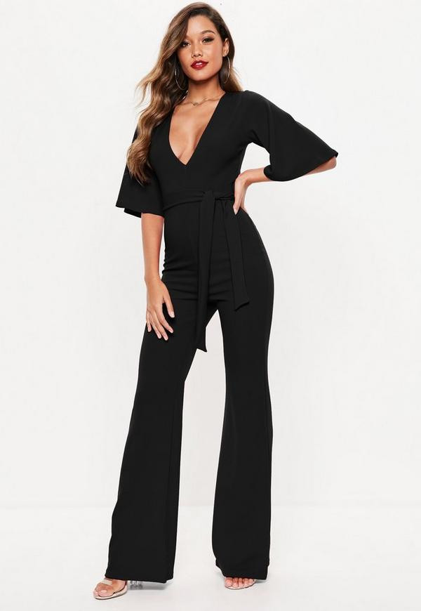 Schwarzer Jumpsuit Zur Hochzeit
 Petite Black Plunge Kimono Sleeve Jumpsuit