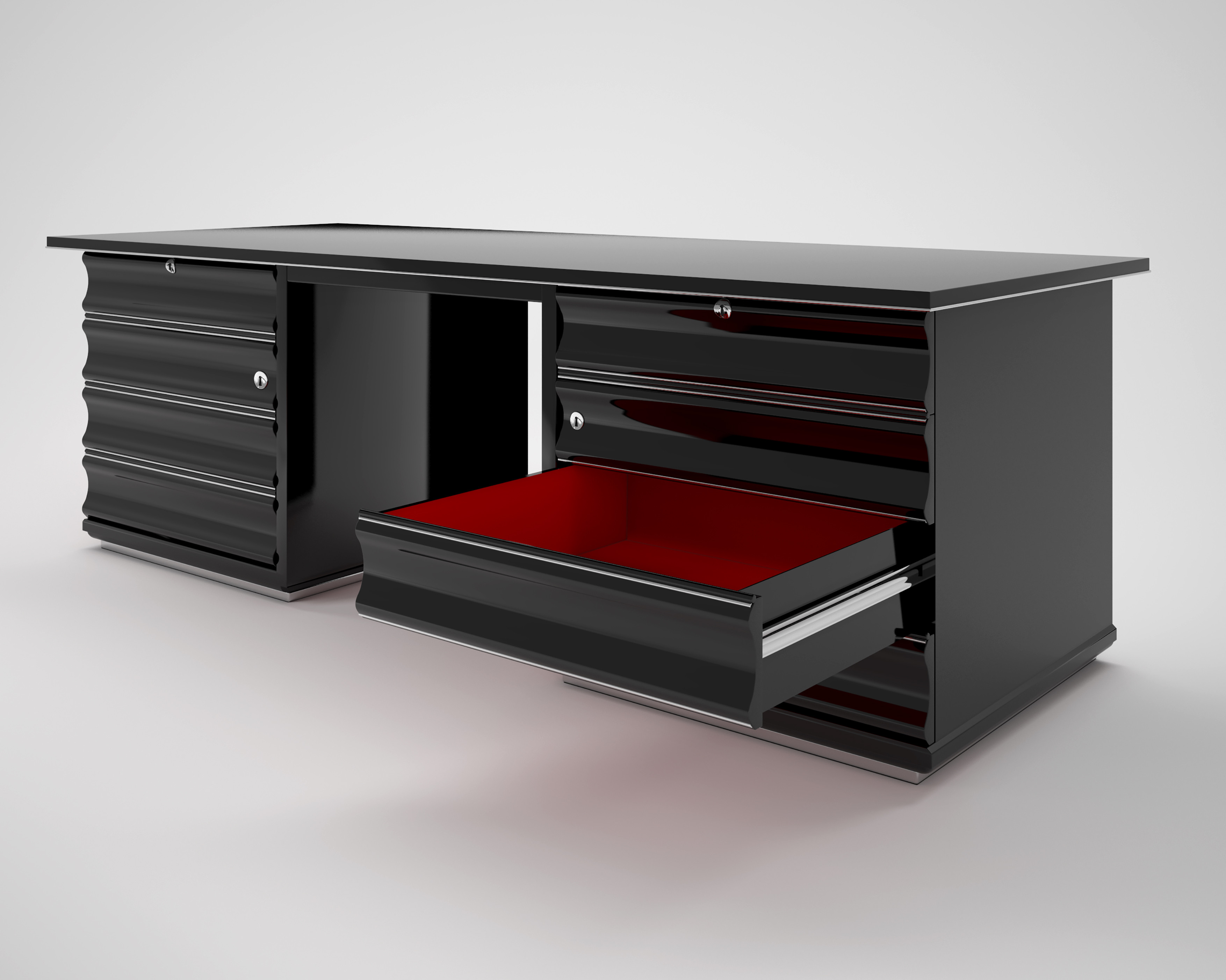 Schwarzer Schreibtisch
 Schwarzer Art Deco Schreibtisch mit Roten Schubladen