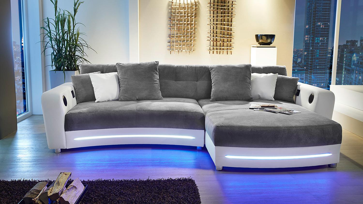 Sofa Mit Led
 Wohnlandschaft LAREDO Sofa weiß grau mit LED und Soundsystem