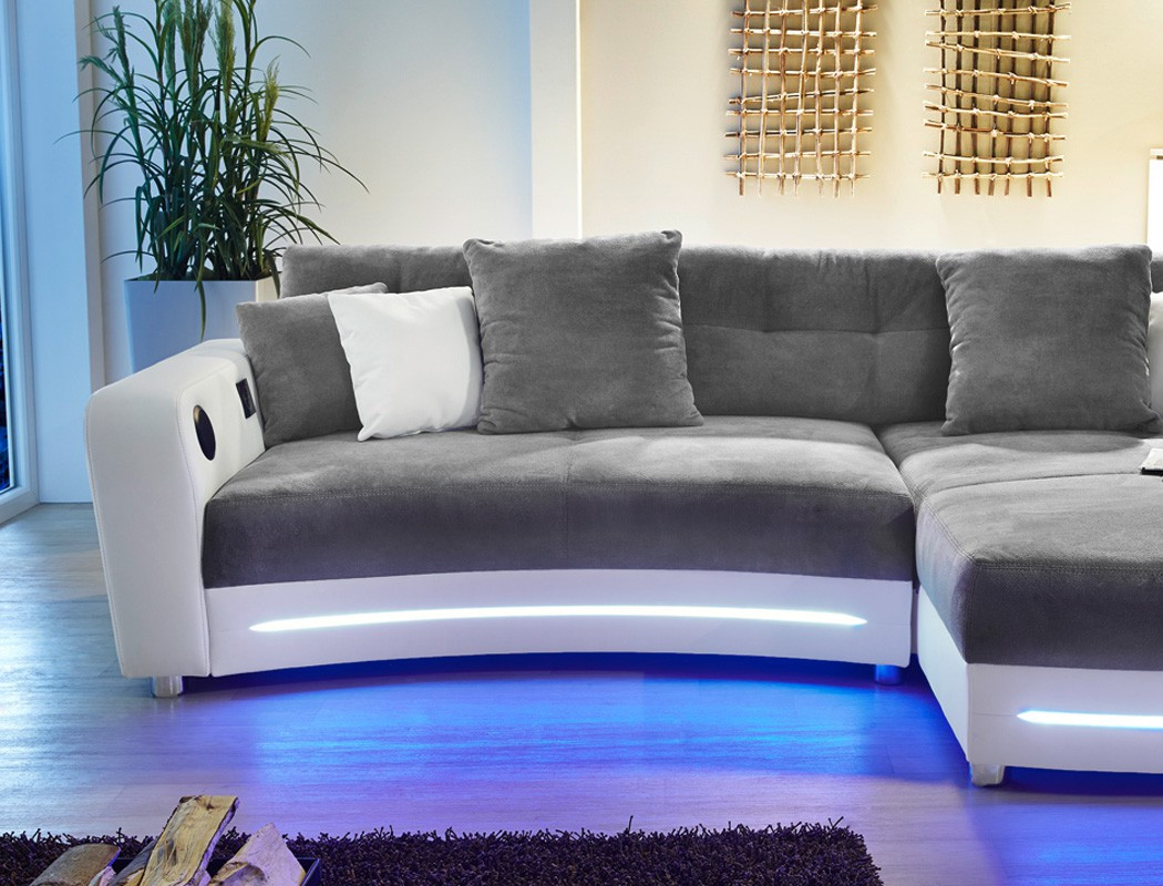 Sofa Mit Led
 Multimedia Sofa 322x200cm grau weiß Mikrofaser Couch HiFi