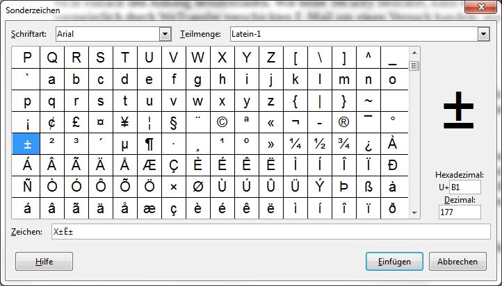 Sonderzeichen Tabelle
 Tastaturkombination ± Plusminus Zeichen in Tabellen und
