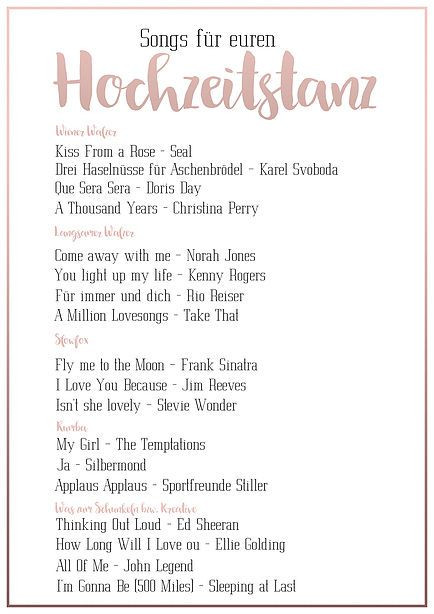 Songs Hochzeit
 Super Tipps und Songs für euren Hochzeitstanz