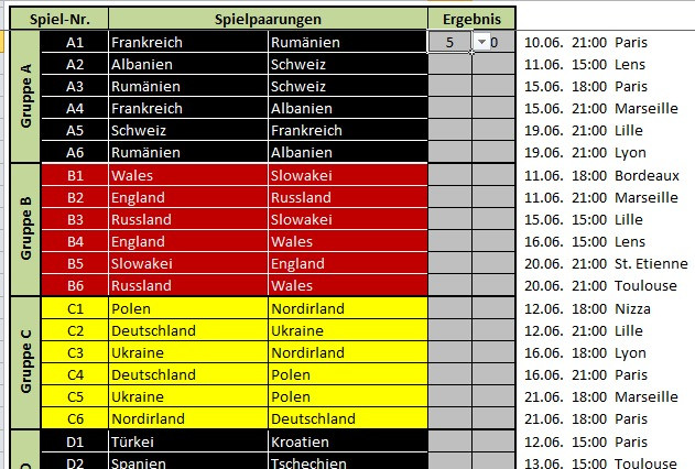 Tabelle Fußball
 Fussballwetten EM 2016 Spielplan Tabelle für Excel