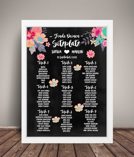 Tafel Hochzeit
 Tischplan Hochzeit Tafel Poster Sitzplan Gäste DIN A3