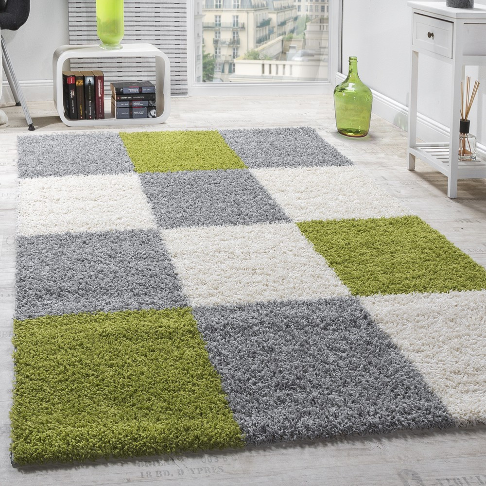 Teppich Grün
 Shaggy Teppich Hochflor Langflor Gemustert in Karo Grün