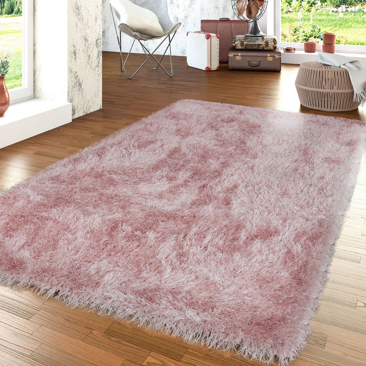 Teppich Rosa
 Moderner Hochflor Teppich Shaggy Einfarbig Mit Glitzergarn