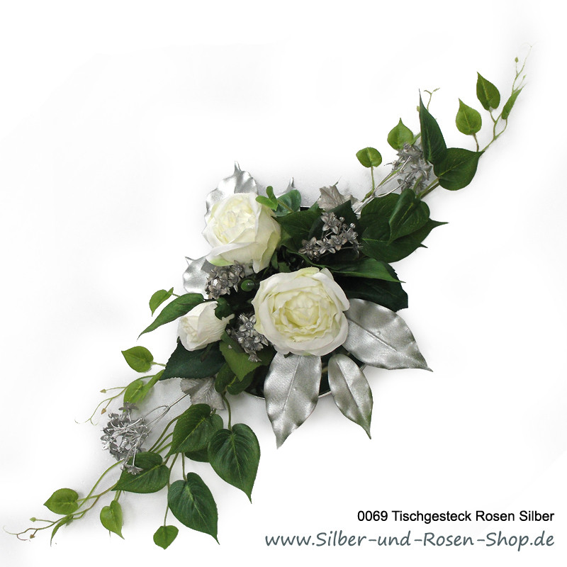 Tischgesteck Hochzeit
 Tischgesteck Weiße Rosen mit Silber für Silberhochzeit
